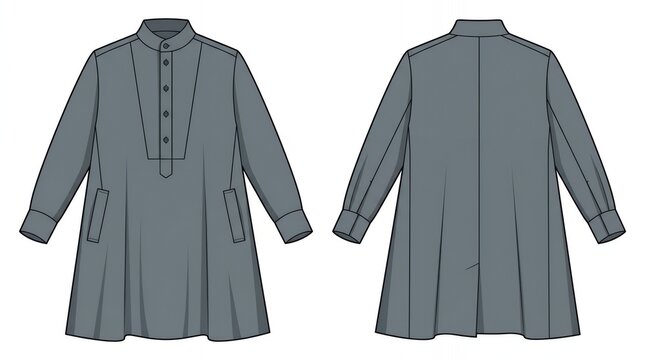 Dark Grey Men's Long Sleeve Tunic Shirt Fashion Flat Sketch Front and Back View Technical Illustration