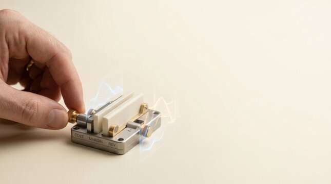 Person holding small device visualizing margin volatility stabilizing revenue and cost under changing pressure conditions