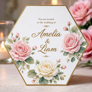 Elegant hexagonal wedding invitation card with watercolor roses and golden text details
