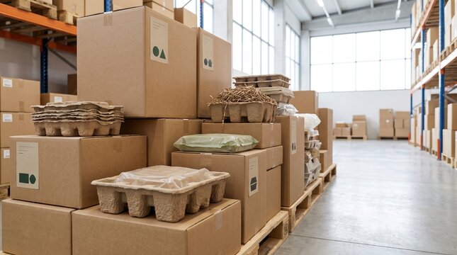 Cardboard boxes stacked in a large modern warehouse