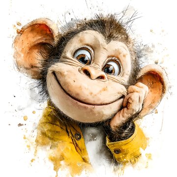 Cute cartoon monkey with big ears wearing a yellow jacket, smiling broadly and resting chin on hand