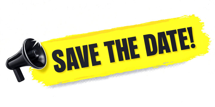 Bright yellow save the date announcement with megaphone illustration for events and parties