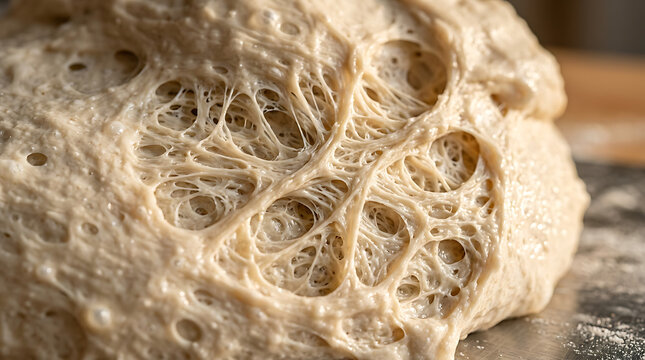Raw sourdough bread dough rising showing yeast fermentation bubbles texture