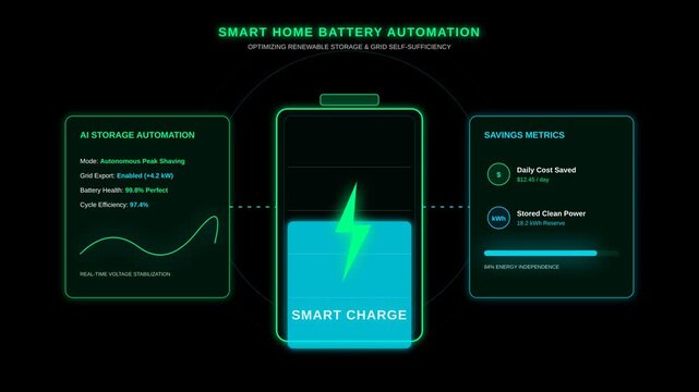 Smart Home Battery Automation Dashboard Showing Renewable Energy Storage and Grid Self Sufficiency