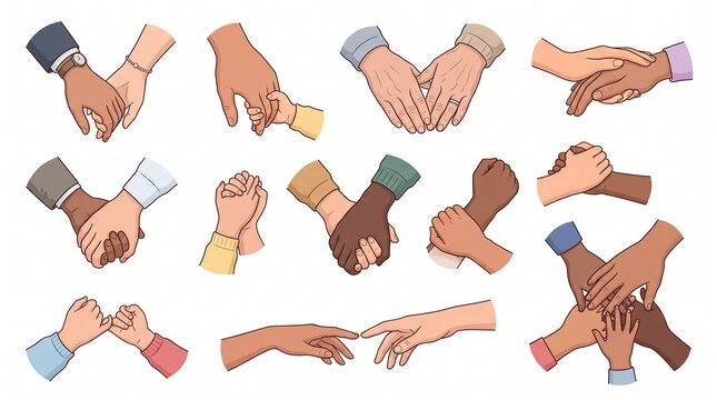 Holding Hands Vector Collection, Diverse Human Hand Gestures for Love, Family, Friendship, Unity and Support