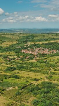 Aerial view of old rustic vintage houses with wine cellars in Rogljevacke pivnice in Negotin region of Serbia. Vertical video 4k