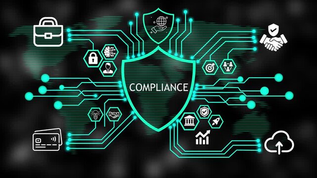  Cyber Security compliance Shield HUD Animation with Connected Business and Technology Icons Abstract Background