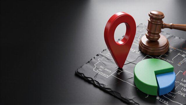 Location pin, gavel, and pie chart on map symbolize legal business analytics.