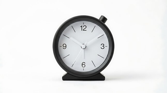 Modern black analog alarm clock with white face isolated on white background