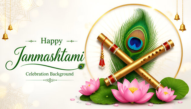 Happy janmashtami celebration background with flute and peacock feather