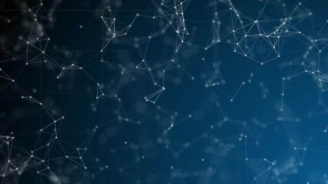 Abstract blue digital network background featuring interconnected nodes, fine lines, glowing particles, soft bokeh, and a subtle grid creating a futuristic technology backdrop for data, cybersecurity