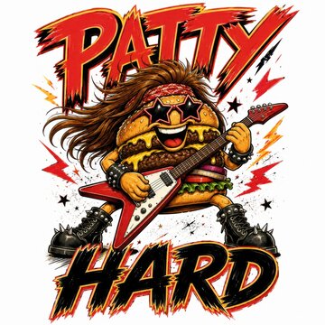 Funny cartoon burger character with party hard slogan and explosive energy