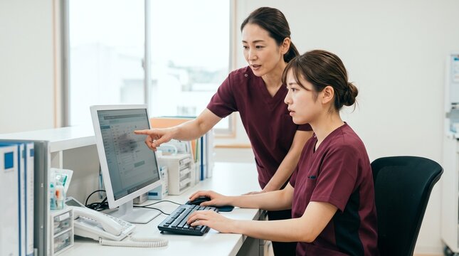ナースステーションで電子カルテの操作指導とOJT研修を受ける新人看護師