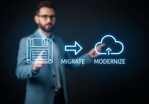 Data Migration and IT Modernization Concept with Businessman Pointing at Floppy Disk to Cloud Storage Icon Transition for Business Strategy