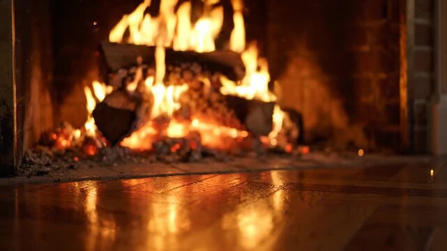 Warm glowing fireplace with crackling logs and bright embers, reflecting on a polished wooden floor, cozy atmosphere