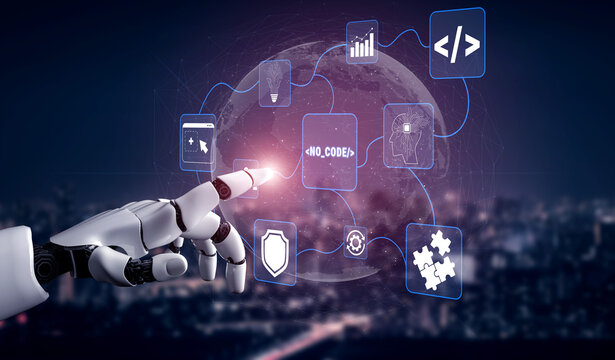 Futuristic Robot Hand Interacting with Virtual Technology Interface in Urban Landscape at Night Quark.