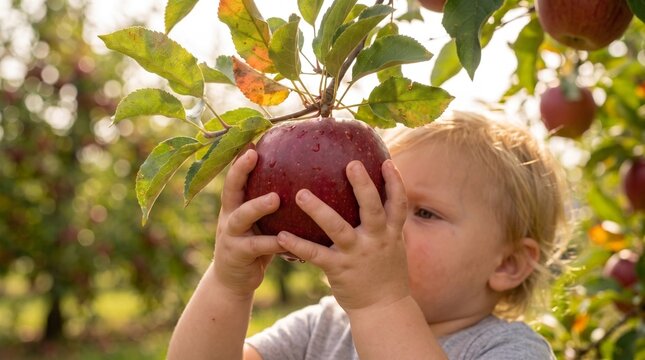 Nahaufnahme eines kleinen blonden Kindes, das einen riesigen frischen roten Apfel an einem Zweig im sonnigen Obstgarten h&auml;lt. Herbstliche Apfelernte und gesunde Ern&auml;hrung