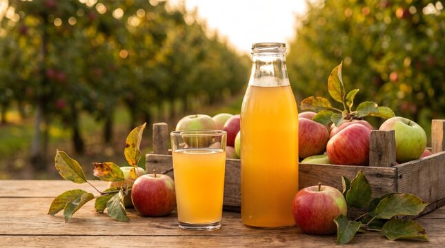 Bouteille et verre de jus de pomme frais avec une cagette en bois remplie de pommes sur une table rustique dans un verger au coucher du soleil