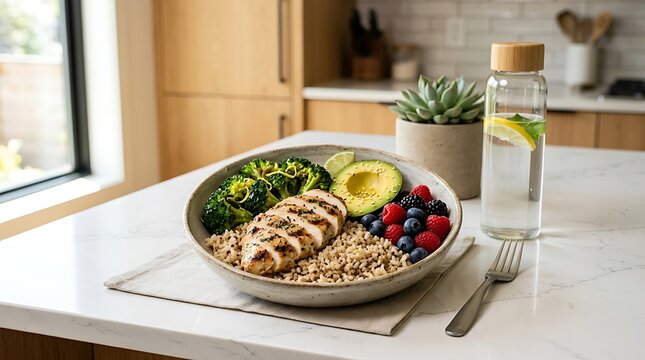 A healthy meal bowl with grilled chicken breast, brown rice, broccoli, avocado half, and mixed berries rests on a white kitchen counter next to a glass water bottle and small potted plant.