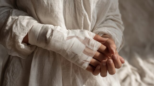 Close-up of a person's hand and wrist wrapped in white medical bandages for healing and protection