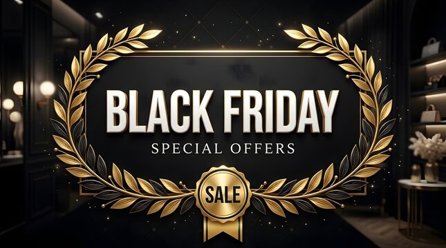 Black friday special offers luxury gold laurel wreath banner