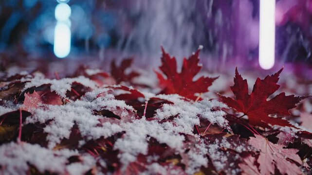 Red maple leaves covered in light snow, illuminated by blurred neon lights in the background, falling snowflakes create a moody atmosphere, suitable for autumn or winter themes