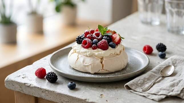 A mini pavlova dessert topped with whipped cream, raspberries, blueberries, and blackberries sits on a ceramic plate on a stone table with loose berries and a silver spoon beside it.