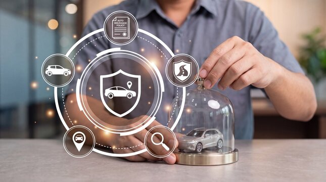 Professional hands protecting miniature toy vehicle beneath glass dome surrounded by digital auto insurance icons