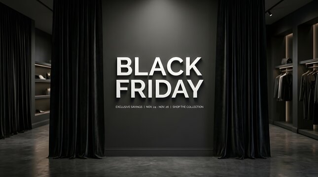 Black friday sale sign in a modern luxury clothing store interior