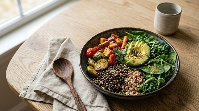 A healthy Buddha bowl filled with lentils, roasted sweet potatoes, Brussels sprouts, avocado, kale, and seeds sits on a wooden table beside a linen napkin, wooden spoon, and water cup.