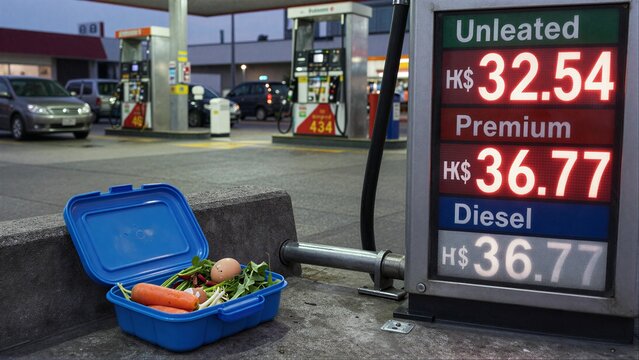 Gas station prices contrast with a blue container of fresh vegetables.