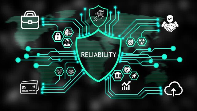  Cyber Security reliability Shield HUD Animation with Connected Business and Technology Icons Abstract Background