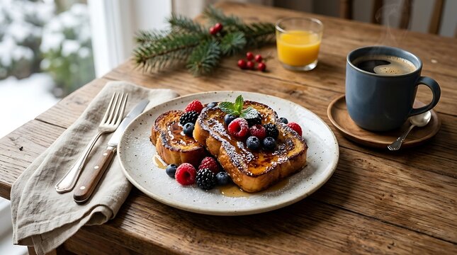 Golden French toast topped with fresh raspberries, blueberries, and syrup served on a ceramic plate alongside a mug of black coffee, orange juice, and pine branches on a wooden table.