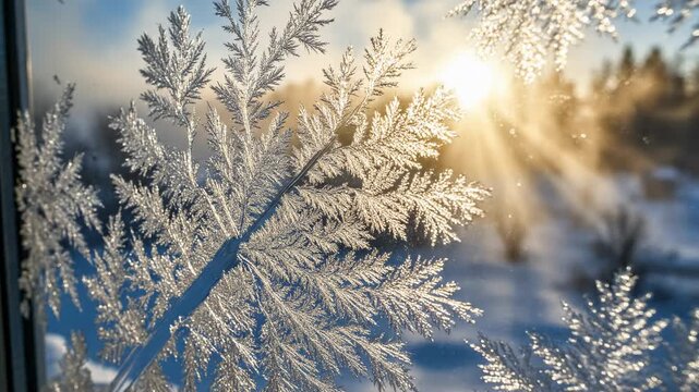 frost patterns on window glass with bright sun rays shining through, cold winter morning scenery, close up detail