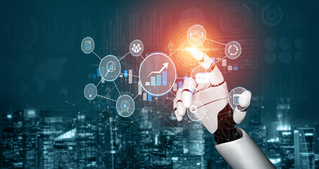 Futuristic Robotic Hand Interacting with Data Visualization and Graphs in a High-Tech Urban...