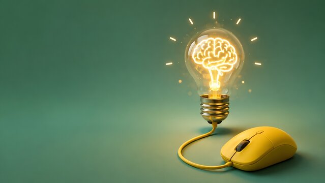 Yellow computer mouse connected to a glowing lightbulb with a brain inside. Concept of digital innovation and creative smart solutions.