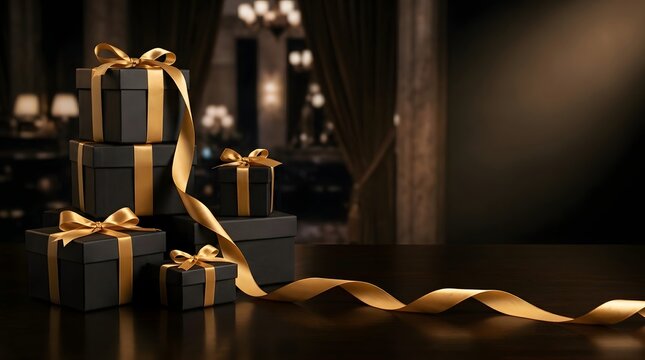 Luxury black gift boxes with gold ribbons on a dark table