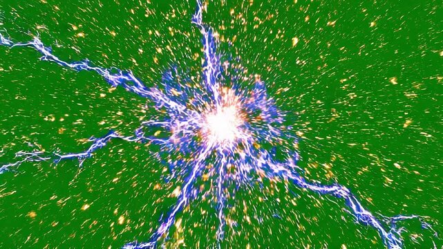 Abstract energy explosion with electric lightning and light greenscreen background
