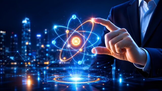 Businessman in suit interacting with a glowing holographic atom structure over a digital interface. Concept of high tech corporate innovation and scientific research.