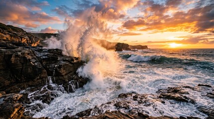 Fototapeta premium powerful ocean waves crashing dramatically against a rugged, dark rocky shore during a vibrant sunset or sunrise.