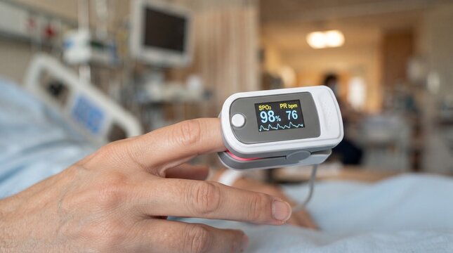 pulse oximeter on patient finger measuring blood oxygen saturation level and heart rate in hospital room close up