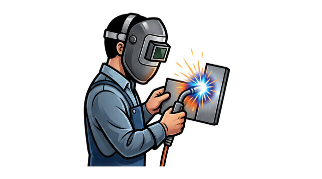 Welder with welding mask working on metal plates vector illustration