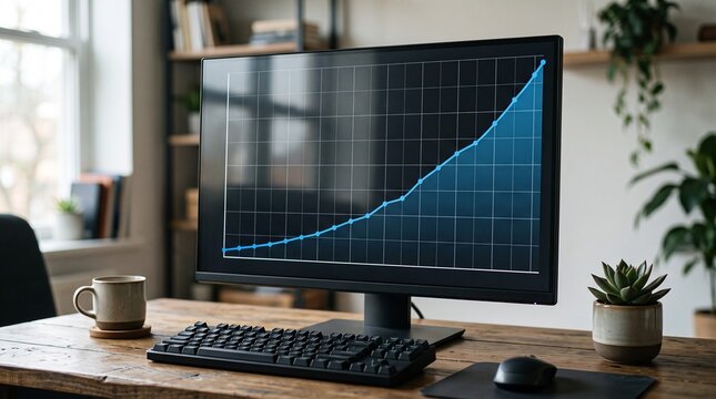 Computer screen displaying a rising blue line graph on a grid, on a wooden desk with a coffee mug and keyboard