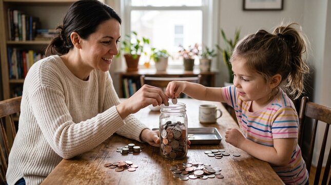 Mother and daughter happily saving coins in a glass jar on a wooden table