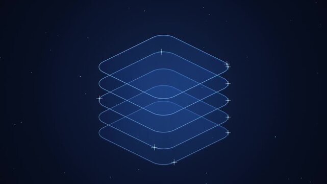 Isometric Futuristic Hexagonal Data Layer Stack with Glowing Crosshair Markers and Cyber Grid Background