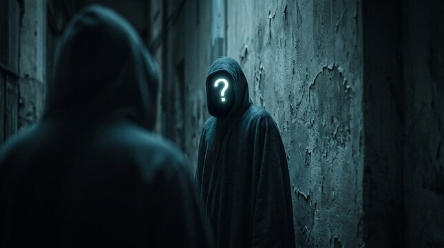 Mysterious figure wearing a hooded cloak with a glowing question mark symbol on the face symbolizing loss of self-identity