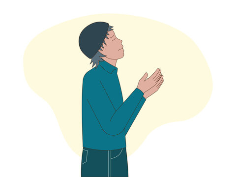 A young man holding his hands up in a gesture of prayer, supplication, or pleading with his eyes closed and head tilted upward. Hopeless illustrations. Flat vector concepts.