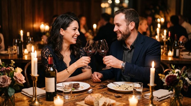 Couple celebrating romantic dinner with wine and candlelight in elegant restaurant