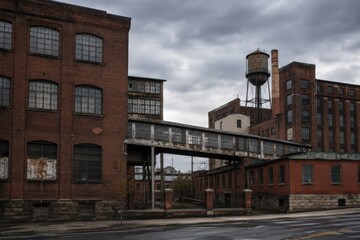 Naklejka premium Abandoned industrial brick buildings with elevated railway bridge in urban decay setting