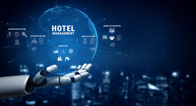 Futuristic Hotel Management System with Robotic Arm and Digital Interface Representing Smart Technologies and Innovative Solutions for Hospitality Industry Quark.